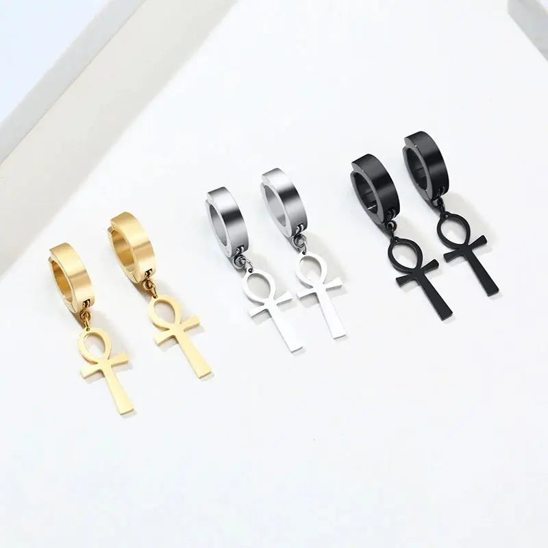 Gold Color Ankh Cross Earrings Men Stainless Steel Egyptian Cross Jewelry Women Egypt Hieroglyphs Crux Jewelry - Sands Of Giza