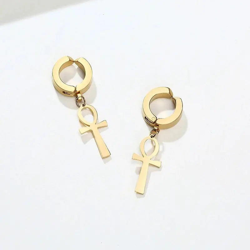 Gold Color Ankh Cross Earrings Men Stainless Steel Egyptian Cross Jewelry Women Egypt Hieroglyphs Crux Jewelry - Sands Of Giza