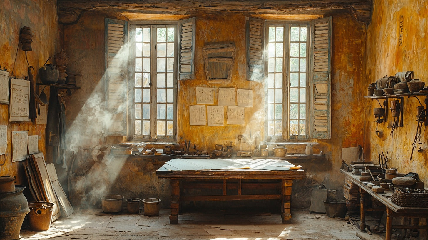 Egyptian artisan workshop with handcrafted papyrus art