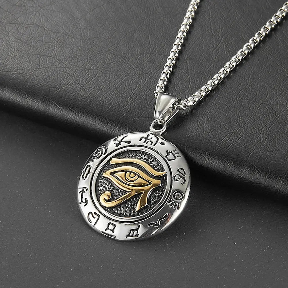 Stainless Steel Ancient Egypt Eye of Horus Pendant Necklace Vintage Egyptian Pharaoh Amulet Rune Men's Necklace Jewelry Gift - Sands Of Giza