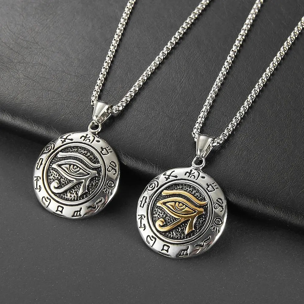Stainless Steel Ancient Egypt Eye of Horus Pendant Necklace Vintage Egyptian Pharaoh Amulet Rune Men's Necklace Jewelry Gift - Sands Of Giza
